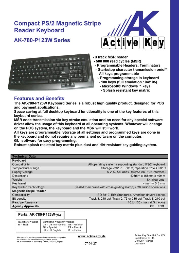 Active Key AK-780 Compact PS-2 Magnetic Stripe Reader Keyboard