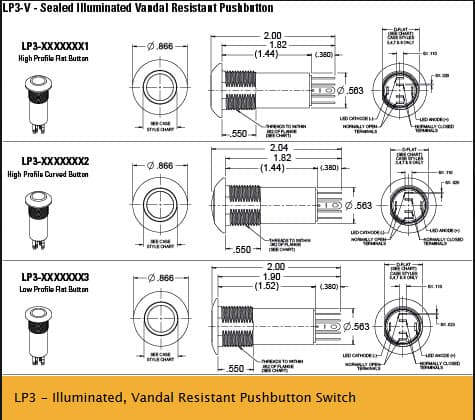 The OTTO LP3-V Sealed Pushbutton Switches feature momentary action, LED