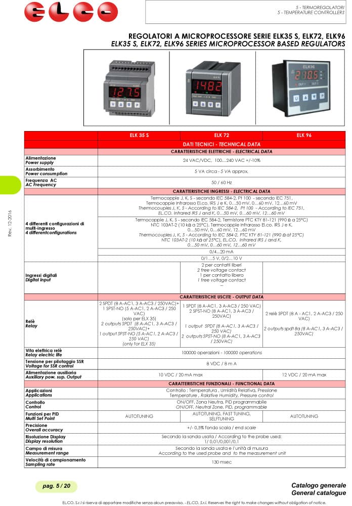 Elco Temperature Controller Microprocessor Based Regulators - ELK35 S, ELK72, ELK96 Series