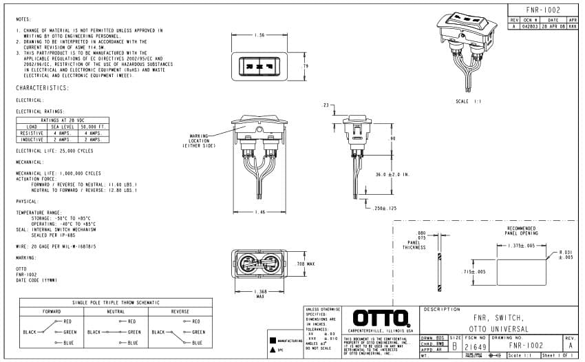 OTTO Forward/Neutral/Reverse Rocker Switch, suitable for use with panel mount
