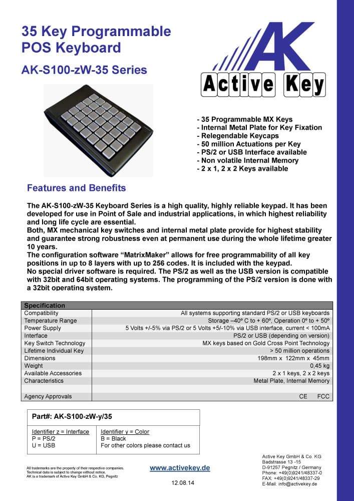 Active Key AK-S100-35 Programmable POS Keyboard