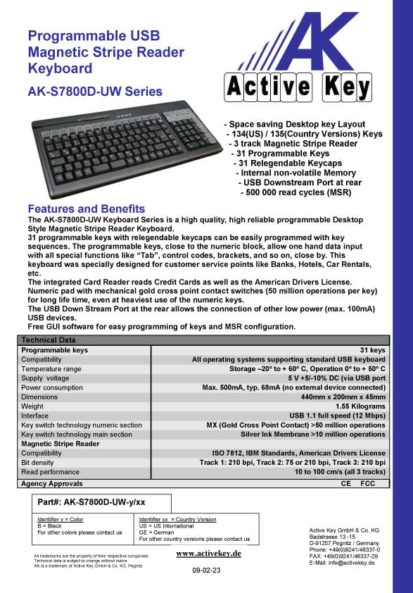 Active Key AK-S7800D Programmable USB Magnetic Stripe Reader Keyboard