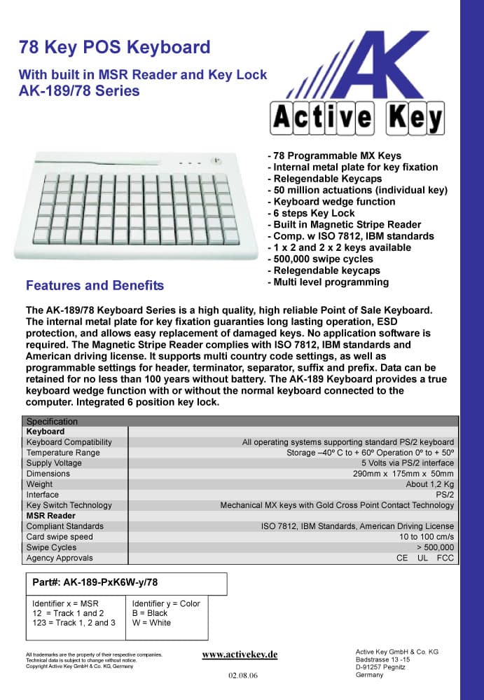 AK-189 78 Key POS Keyboard with MSR Reader & Key Lock