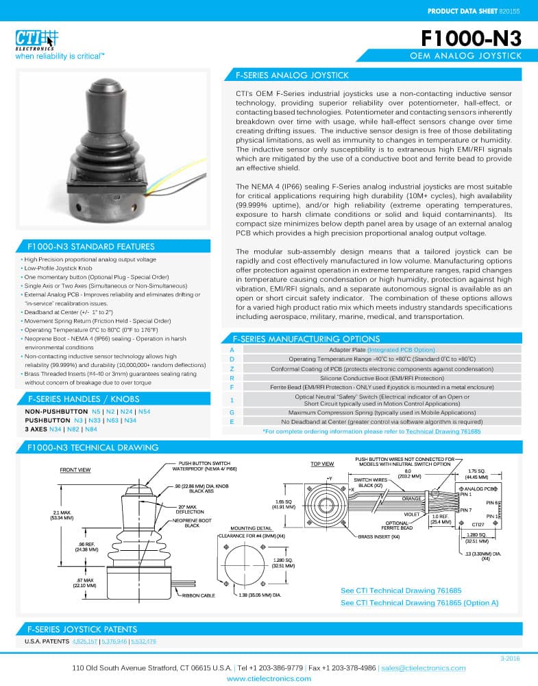 CTI OEM Inductive Analog Joystick Knobs - F1000-N3 Series