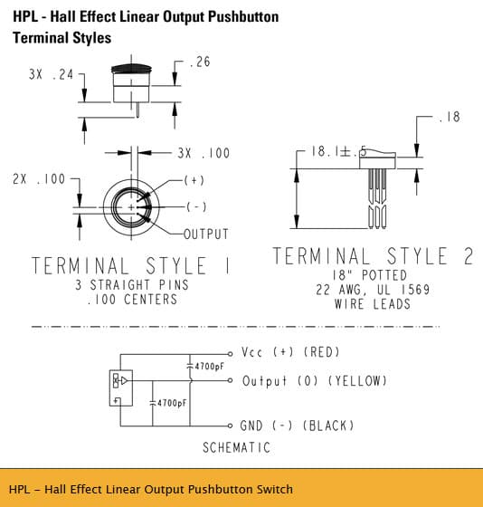 A Linear Push Button Switch with Hall Effect technology, with a proportional