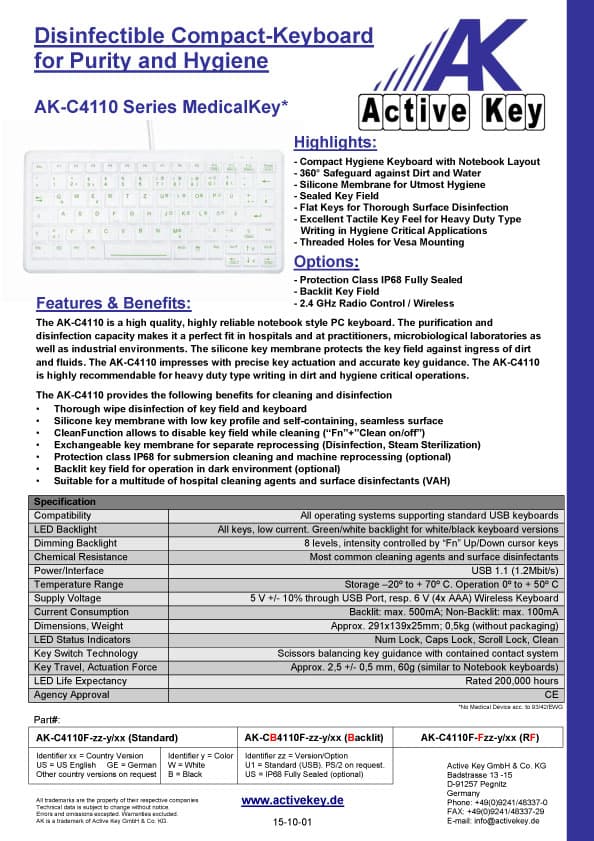 Active Key AK-C4110F Compact Wireless Disinfectable Hygiene Keyboard