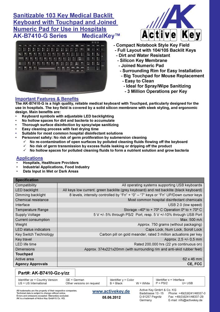 Active AK-B7410-G Key Ultra Flat Backlit Medical keyboard with Touchpad