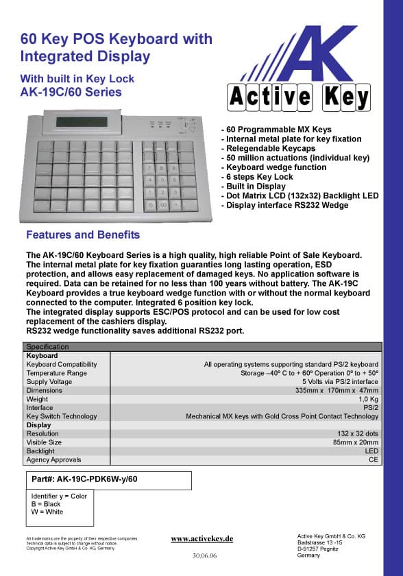 Active Key AK-19C POS Keyboard with Integrated Display
